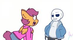 Size: 1280x702 | Tagged: safe, artist:6-o-hundred657, scootaloo, oc, oc:ponytale scootaloo, anthro, comic:ponytale, g4, female, male, sans (undertale), scootasans, straight, undertale