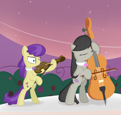 Size: 1000x952 | Tagged: safe, artist:erthilo, octavia melody, symphony song, earth pony, pony, ask octavia, g4, ask, bipedal, cello, duo, duo female, female, mare, musical instrument, violin
