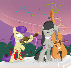 Size: 1000x952 | Tagged: safe, artist:erthilo, octavia melody, symphony song, earth pony, pony, ask octavia, g4, ask, bipedal, cello, confetti, duo, duo female, female, mare, musical instrument, violin