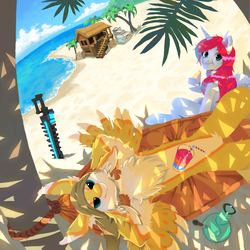 Size: 2200x2200 | Tagged: safe, artist:francisart, oc, oc only, oc:shining watermelon, alicorn, avali, pony, beach, beach house, bong, hammock, high res, juice, looking at you, relaxing, starbound, sword, weapon