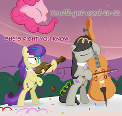 Size: 1000x952 | Tagged: safe, artist:erthilo, octavia melody, pinkie pie, symphony, earth pony, pony, ask octavia, g4, bipedal, cello, confetti, eyes closed, female, in which pinkie pie forgets how to gravity, mare, musical instrument, pinkie being pinkie, pinkie physics, violin