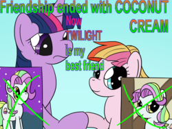 Size: 800x600 | Tagged: safe, artist:phat_guy, derpibooru exclusive, coconut cream, toola roola, twilight sparkle, alicorn, earth pony, pony, fame and misfortune, g4, best friend, confused, crossed out, english, female, friendship ended with x, handshake, hoofbump, hoofshake, image macro, mare, meme, parody, picture, smiling, text, trio, wat