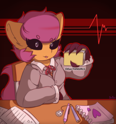 Size: 1024x1097 | Tagged: safe, artist:enderspringminer, scootaloo, oc, oc:ponytale scootaloo, anthro, comic:ponytale, g4, clothes, doki doki literature club!, female, rage form scootaloo, school uniform, solo, spoilers for another series