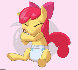 Size: 2493x2244 | Tagged: safe, artist:normaldeviant, apple bloom, oc, oc:generic messy hair anime anon, earth pony, human, pony, g4, adorabloom, baby, baby pony, bow, cute, diaper, female, filly, high res, hug, micro, shrunk