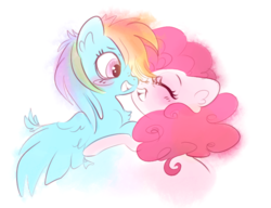 Size: 1024x785 | Tagged: dead source, safe, artist:pinkablue, pinkie pie, rainbow dash, earth pony, pegasus, pony, g4, blushing, chest fluff, ear fluff, eyes closed, female, happy, lesbian, mare, nuzzling, ship:pinkiedash, shipping, simple background, smiling, white background