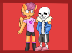Size: 1024x767 | Tagged: safe, artist:tater, scootaloo, oc, oc:ponytale scootaloo, anthro, comic:ponytale, g4, crossover, crossover shipping, duo, female, male, sans (undertale), scootasans, shipping, straight, undertale