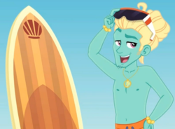 Size: 796x586 | Tagged: safe, screencap, gladys, zephyr breeze, blue crushed, equestria girls, equestria girls series, g4, clothes, male, male nipples, nipples, partial nudity, stupid sexy zephyr breeze, sunglasses, surfboard, topless, zephyr's necklace