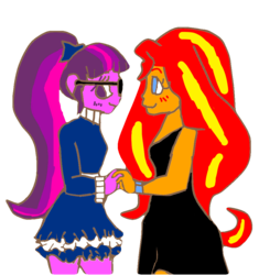 Size: 906x964 | Tagged: safe, artist:greennotmean, sci-twi, sunset shimmer, twilight sparkle, equestria girls, g4, blushing, clothes, cute, dress, female, holding hands, lesbian, looking at each other, looking away, ship:sci-twishimmer, ship:sunsetsparkle, shipping, simple background, transparent background