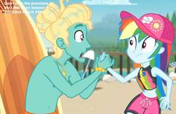 Size: 1051x685 | Tagged: safe, screencap, gladys, rainbow dash, zephyr breeze, blue crushed, equestria girls, g4, my little pony equestria girls: better together, belly button, clothes, geode of super speed, magical geodes, male nipples, midriff, nipples, partial nudity, surfboard, topless
