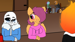Size: 1920x1080 | Tagged: safe, artist:very-batty, scootaloo, oc, oc:ponytale scootaloo, anthro, comic:ponytale, g4, crossover, crossover shipping, female, male, sans (undertale), scootasans, shipping, straight, undertale