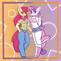Size: 500x500 | Tagged: safe, artist:d6arklord, apple bloom, sweetie belle, oc, oc only, oc:ponytale apple bloom, oc:ponytale sweetie belle, anthro, comic:ponytale, g4, belly button, clothes, duo, female, midriff, shorts, sisters, tube top