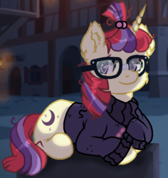 Size: 696x736 | Tagged: dead source, safe, artist:victoriathething, moondancer, pony, unicorn, g4, clothes, cute, female, glasses, prone, smiling, solo, sweater