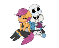 Size: 1024x823 | Tagged: safe, artist:tigresswilde89, scootaloo, oc, oc:ponytale scootaloo, anthro, comic:ponytale, g4, crossover, crossover shipping, female, male, sans (undertale), scootasans, shipping, straight, undertale
