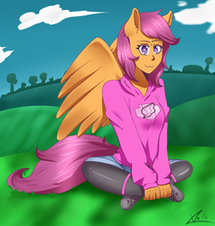 Size: 1416x1489 | Tagged: safe, artist:fafouche, scootaloo, oc, oc only, oc:ponytale scootaloo, anthro, comic:ponytale, g4, female, solo