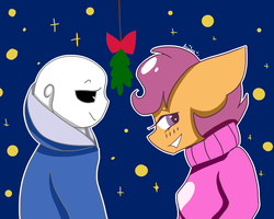 Size: 2000x1600 | Tagged: safe, artist:loveme321, scootaloo, oc, oc:ponytale scootaloo, anthro, comic:ponytale, g4, crossover, crossover shipping, female, holly, holly mistaken for mistletoe, male, sans (undertale), scootasans, shipping, straight, undertale