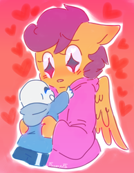 Size: 1095x1414 | Tagged: safe, artist:flowerpotth, scootaloo, oc, oc:ponytale scootaloo, anthro, comic:ponytale, g4, crossover, crossover shipping, female, male, sans (undertale), scootasans, shipping, straight, undertale
