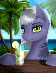 Size: 2552x3323 | Tagged: safe, artist:dezdark, limestone pie, earth pony, pony, g4, beach, cup, drink, ear piercing, female, high res, lip piercing, looking at you, mare, piercing, solo, straw, tree, water