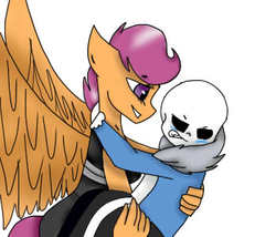 Size: 350x300 | Tagged: safe, artist:loveme321, scootaloo, oc, oc:ponytale scootaloo, anthro, comic:ponytale, g4, crossover, crossover shipping, female, male, sans (undertale), scootasans, shipping, straight, undertale