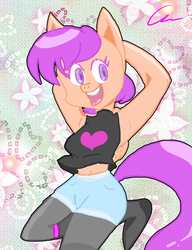 Size: 1000x1300 | Tagged: safe, artist:abbylikesdrawing, scootaloo, oc, oc only, oc:ponytale scootaloo, anthro, comic:ponytale, g4, armpits, arms in the air, female, hands in the air, sleeveless, solo
