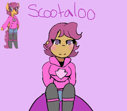 Size: 682x597 | Tagged: safe, artist:synnibear03, artist:tehtoastermuffin, scootaloo, oc, oc only, oc:ponytale scootaloo, human, anthro, comic:ponytale, g4, female, humanized, solo