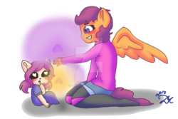 Size: 1024x684 | Tagged: safe, artist:minyunicorn, scootaloo, oc, oc only, oc:ponytale scootaloo, anthro, comic:ponytale, g4, duo, female, interspecies offspring, mother and daughter, offspring, parent:sans (undertale), parent:scootaloo, parents:scootasans