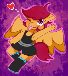 Size: 800x900 | Tagged: safe, artist:peppermintloser, scootaloo, oc, oc only, oc:ponytale scootaloo, anthro, comic:ponytale, g4, armpits, arms in the air, female, hands in the air, sleeveless, solo