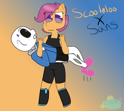Size: 800x720 | Tagged: safe, artist:teenyton, scootaloo, oc, oc:ponytale scootaloo, anthro, comic:ponytale, g4, bridal carry, carrying, clothes, crossover, crossover shipping, female, male, sans (undertale), scootasans, shipping, shoes, slippers, straight, undertale