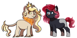 Size: 1024x499 | Tagged: safe, artist:kitkatsart, oc, oc only, oc:dawn shine, oc:solar flare, classical unicorn, earth pony, hybrid, pony, unicorn, bucktooth, chest fluff, cloven hooves, colored sclera, cousins, curved horn, ethereal mane, female, filly, horn, interspecies offspring, leonine tail, offspring, parent:discord, parent:princess celestia, parent:princess luna, parent:sunburst, parents:dislestia, parents:lunaburst, simple background, starry mane, transparent background, unshorn fetlocks