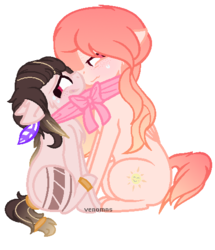 Size: 454x527 | Tagged: safe, artist:venomns, oc, oc only, oc:amber, oc:iris, earth pony, pegasus, pony, base used, bow, clothes, female, mare, scarf, shared clothing, shared scarf, simple background, sitting, size difference, transparent background