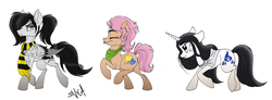 Size: 2168x800 | Tagged: safe, artist:celestial-rainstorm, oc, oc:cin-cin, oc:delia, oc:yollanda, earth pony, pegasus, pony, unicorn, clothes, eyes closed, female, mare, scarf, simple background, tongue out, white background