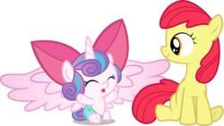 Size: 7144x4021 | Tagged: safe, artist:gurugrendo, artist:hendro107, artist:overdriv3n, edit, editor:slayerbvc, vector edit, apple bloom, princess flurry heart, alicorn, earth pony, pony, g4, absurd resolution, accessory swap, apple bloom's bow, baby, baby pony, bow, cloth diaper, cooing, cute, diaper, female, filly, flurrybetes, foal, hair bow, happy, safety pin, simple background, sitting, transparent background, vector