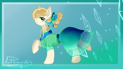 Size: 1920x1080 | Tagged: safe, artist:dankpegasista, sweet biscuit, g4, blue, clothes, diamonds, dress, ear fluff, fancy, female, gold, gradient background, looking at you, raised hoof, raised leg