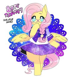 Size: 1000x1000 | Tagged: safe, artist:zakro, fluttershy, pegasus, pony, g4, bipedal, bowtie, braid, clothes, cute, female, glasses, looking at you, mare, moe, pleated skirt, school uniform, shyabetes, skirt, solo