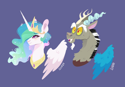 Size: 884x615 | Tagged: safe, artist:kraytt-05, discord, princess celestia, pony, g4, bust, female, floating wings, fluffy, hair over one eye, male, mare, purple background, regalia, ship:dislestia, shipping, simple background, smiling, straight