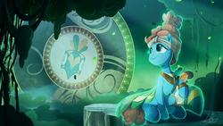 Size: 1920x1080 | Tagged: safe, artist:light262, part of a set, meadowbrook, earth pony, pony, art pack:heroes ep, g4, clothes, cute, female, forest, healer's mask, jycrow, looking back, mare, mask, meadowcute, sitting, smiling, solo, tree, wallpaper