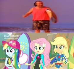 Size: 1279x1209 | Tagged: safe, edit, edited screencap, screencap, applejack, fluttershy, rainbow dash, human, blue crushed, equestria girls, g4, my little pony equestria girls: better together, applejack's beach shorts swimsuit, beach, belly button, clothes, fluttershy's wetsuit, genesis, irl, irl human, meme, midriff, music video, phil collins, photo, rainbow dash's beach shorts swimsuit, reaction, sports bra, wrong aspect ratio