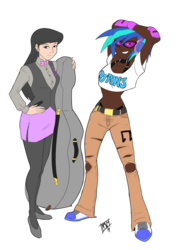 Size: 1500x2118 | Tagged: safe, artist:icicle-niceicle-1517, artist:mono-phos, dj pon-3, octavia melody, vinyl scratch, human, g4, belly button, belt, bowtie, cello case, clothes, colored, converse, dark skin, duo, female, fingerless gloves, flats, glasses, gloves, grin, headphones, humanized, midriff, panties, pantyhose, ripped jeans, shoes, side slit, simple background, skirt, smiling, socks, stockings, thigh highs, thong, torn clothes, transparent background, tube top, underwear