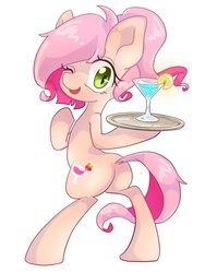 Size: 768x1024 | Tagged: safe, artist:bbtasu, oc, oc only, oc:cheers, earth pony, pony, bipedal, cocktail, cute, drink, female, hoof hold, looking at you, looking back, looking back at you, mare, open mouth, platter, simple background, solo, white background