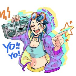 Size: 1024x1024 | Tagged: safe, artist:bbtasu, indigo zap, equestria girls, g4, boombox, clothes, female, goggles, jacket, looking at you, solo, text