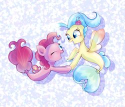 Size: 1912x1636 | Tagged: safe, artist:bbtasu, pinkie pie, princess skystar, seapony (g4), g4, my little pony: the movie, abstract background, bubble, cute, diapinkes, duo, female, fins, fish tail, flower, flower in hair, jewelry, lesbian, looking at each other, looking at someone, necklace, one eye closed, open mouth, pearl necklace, seaponified, seapony pinkie pie, ship:skypie, shipping, skyabetes, smiling, species swap, tail, underwater, water, watermark, wink