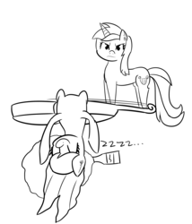 Size: 3292x3851 | Tagged: safe, artist:artiks, lyra heartstrings, octavia melody, earth pony, pony, unicorn, g4, background pony, bottle, cello, drunk, duo, female, high res, mare, monochrome, musical instrument, onomatopoeia, passed out, sleeping, sound effects, spilled drink, zzz