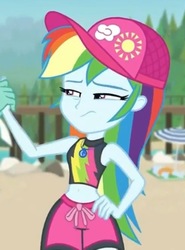 Size: 384x519 | Tagged: safe, screencap, rainbow dash, zephyr breeze, blue crushed, equestria girls, equestria girls series, g4, belly button, bikini, bikini top, cap, clothes, cropped, cute, dashabetes, geode of super speed, hat, hips, magical geodes, midriff, offscreen character, shorts, swimming trunks, swimsuit