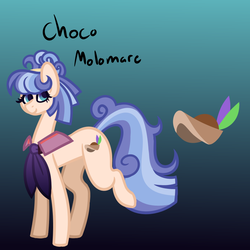 Size: 800x800 | Tagged: safe, artist:eppyminecart, oc, oc only, oc:choco molomare, earth pony, pony, icey-verse, blue background, female, gradient background, magical lesbian spawn, mare, next generation, offspring, parent:coco pommel, parent:suri polomare, parents:cocopolo, simple background, solo