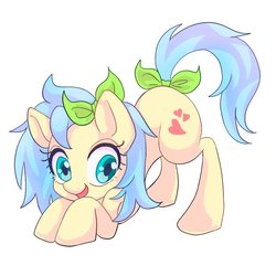 Size: 768x768 | Tagged: safe, artist:bbtasu, oc, oc only, oc:om amrutta, earth pony, pony, bow, cute, face down ass up, female, hair bow, looking at you, mare, open mouth, simple background, solo, tail bow, white background
