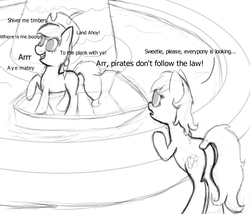 Size: 1015x868 | Tagged: safe, artist:nuxersopus, oc, earth pony, pony, boat, butt, female, mare, monochrome, pirate, plot, text