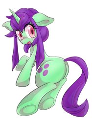 Size: 768x1024 | Tagged: safe, artist:bbtasu, oc, oc only, oc:possession, pony, unicorn, blushing, female, looking back, mare, simple background, solo