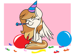 Size: 1952x1420 | Tagged: safe, artist:jetjetj, oc, oc only, pegasus, pony, balloon, confetti, female, hat, mare, party hat, party horn, smiling, solo