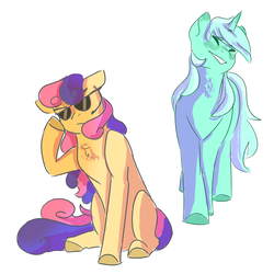 Size: 5000x5000 | Tagged: safe, artist:kimikaami, bon bon, lyra heartstrings, sweetie drops, earth pony, pony, g4, absurd resolution, chest fluff, female, headset, lesbian, ship:lyrabon, shipping, sunglasses