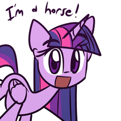 Size: 1280x1280 | Tagged: safe, artist:lilboulder, twilight sparkle, alicorn, horse, pony, g4, :d, captain obvious, cute, dialogue, eye clipping through hair, female, horn, i am a horse, looking at you, mare, open mouth, simple background, solo, truth, twiabetes, twilight sparkle (alicorn), white background, wings
