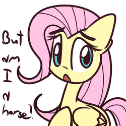 Size: 1280x1280 | Tagged: safe, artist:lilboulder, fluttershy, pegasus, pony, g4, am i a horse, bust, cute, dialogue, female, folded wings, mare, shyabetes, simple background, solo, white background, wings